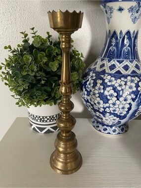 Vintage heavy tall brass crown rim Alter candle holder 12.5”x3”